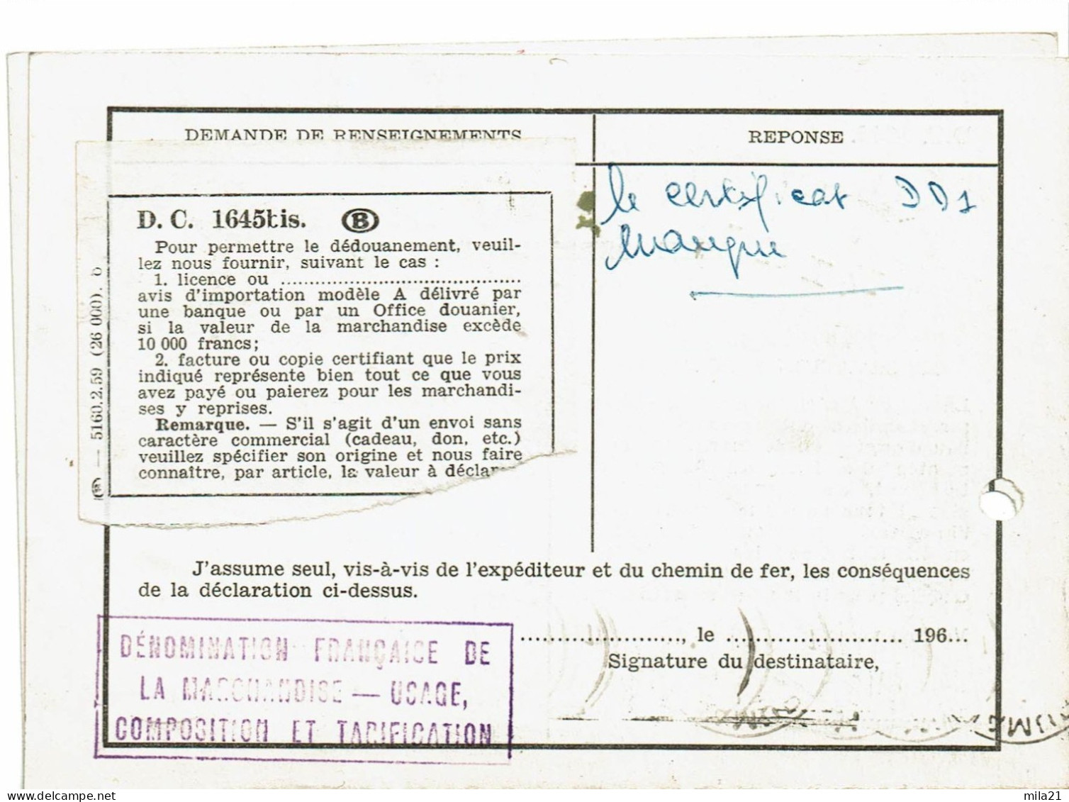 CARTE POSTALE  S.N.C.F.B. AVEC CARTE POSTALE-- REPONSE   En Franchise  COLIS POSTAUX - Briefe U. Dokumente