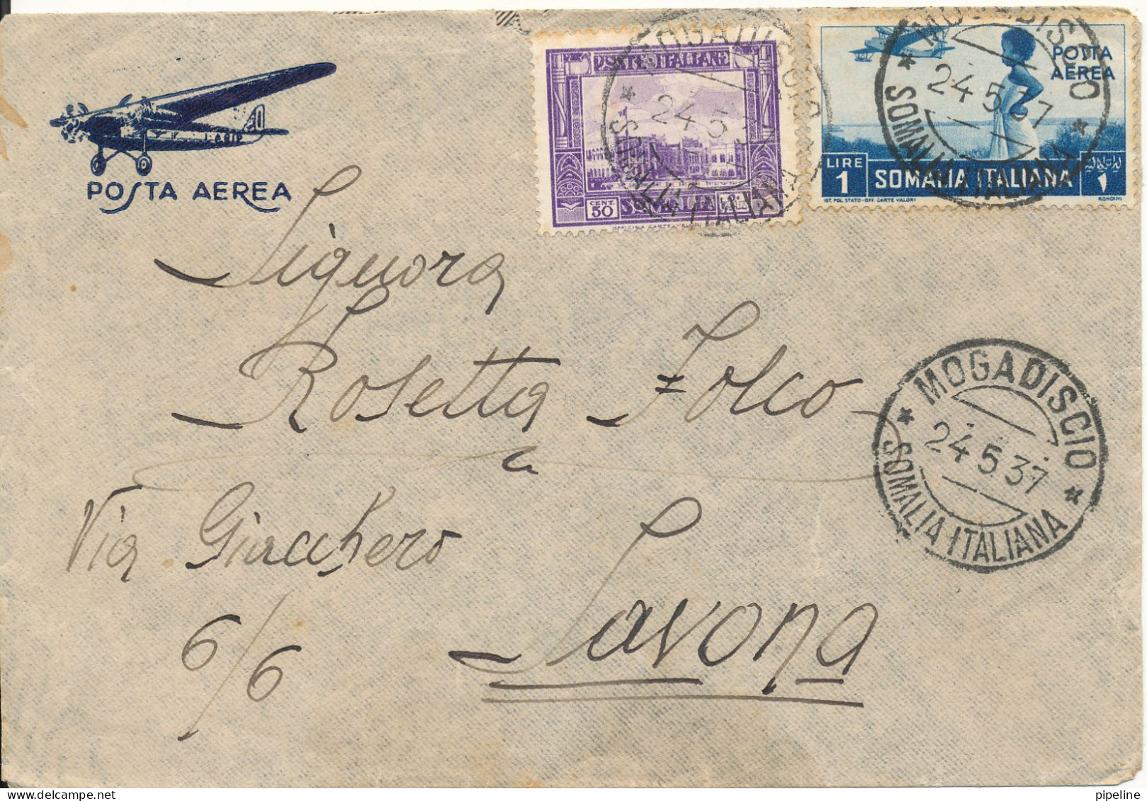 Somalia (Italiana) Air Mail Cover Sent To Savona Mogadiscio 24-5-1937 - Somalie