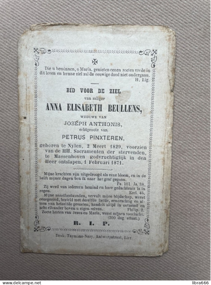 BEULLENS Anna Elisabeth °NIJLEN 1829 +MASSENHOVEN 1871 - ANTHONIS - PINXTEREN - Décès