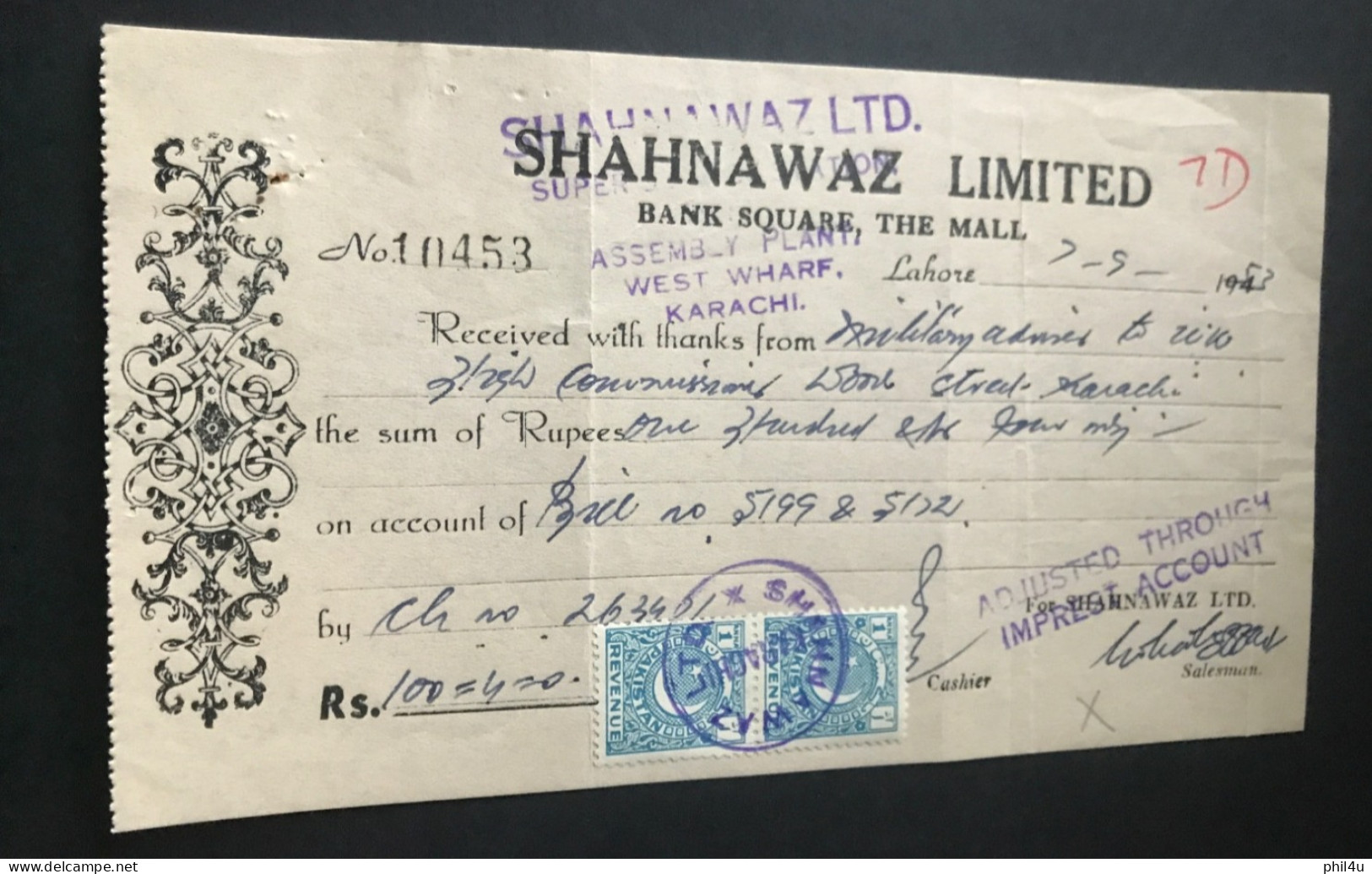 1953 Pakistan Received With Thanks Military Advisor To UK High Commissioner 2 Revenue Stamp See - Pakistan