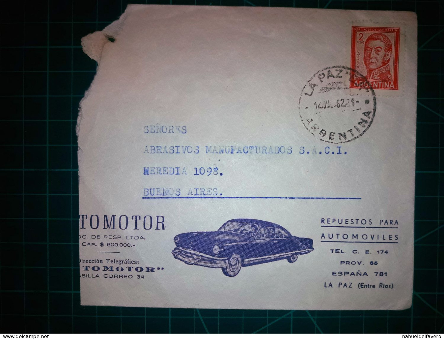 ARGENTINE, Enveloppe Appartenant à "AUTOMOTOR, Respuestos Para Automoviles" Circulée Avec Timbre-postal (San Martin). An - Oblitérés