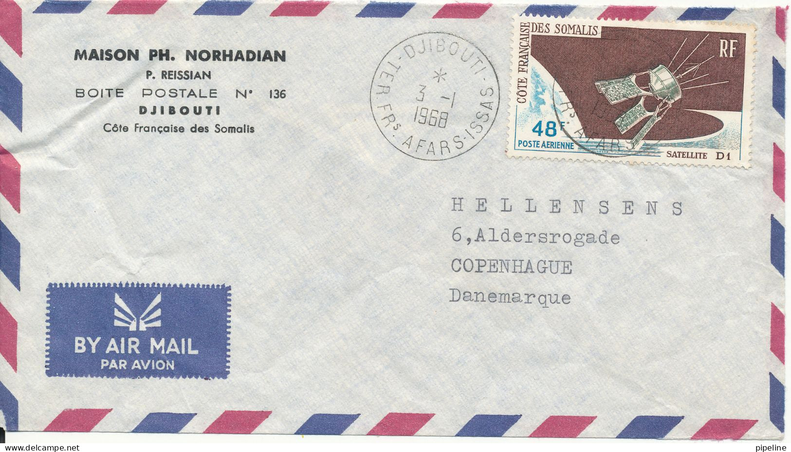 French Somalia Air Mail Cover Sent To Denmark Djibouti 3-1-1968 Single Franked Nice Postmark - Cartas & Documentos