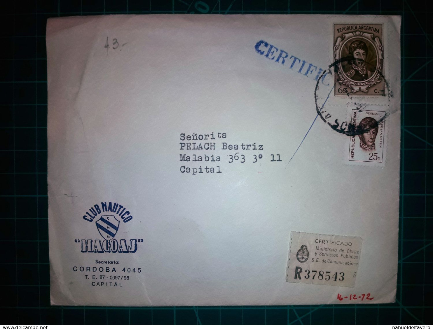 ARGENTINE, Enveloppe Appartenant Au "CLUB NAUTICO HACOAJ" Circulée Avec Timbre-postal (San Martin). Années 1960. - Usati