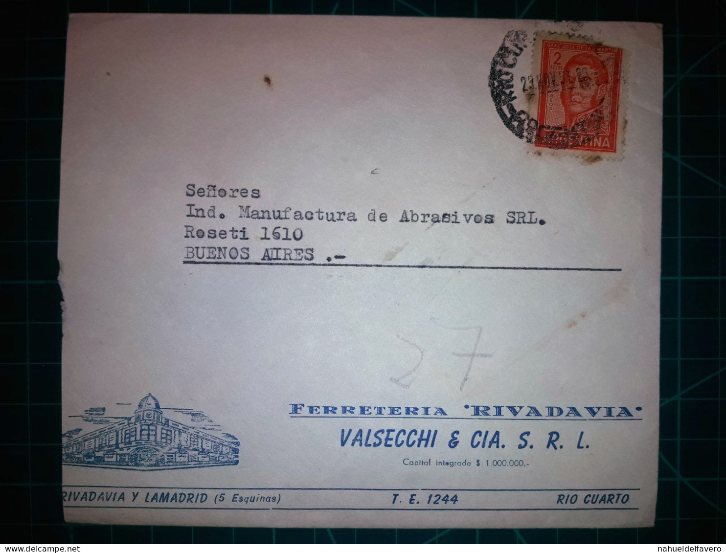 ARGENTINE, Enveloppe Appartenant à "RIVADAVIA Cia. S.R.L., Ferreteria General" Circulée Avec Timbre-postal (San Martin). - Usati