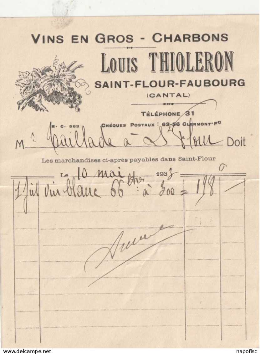 15-L.Thioleron.....Vins En Gros-Charbons....Saint-Flour Faubourg.....(Cantal)...1933 - Sonstige & Ohne Zuordnung