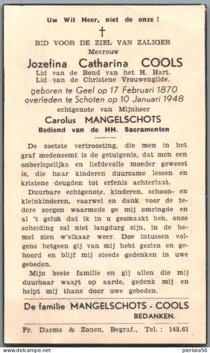 Bidprentje Geel - Cools Jozefina Catharina (1870-1948) - Devotion Images