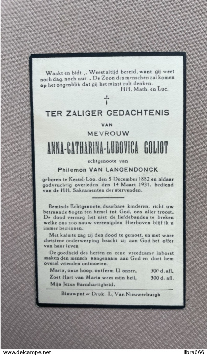 GOLIOT Anna Catharina Ludovica °KESSEL-LO 1882 +KESSEL-LO 1931 - VAN LANGENDONCK - Todesanzeige