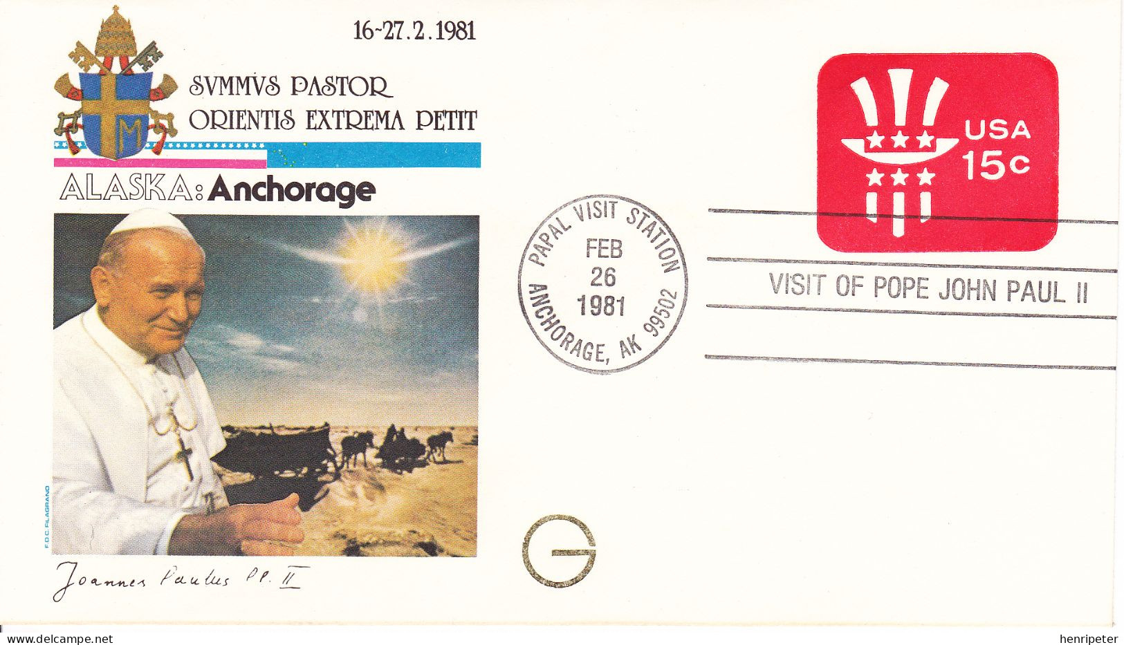 FDC Illustrée Commémorant Le Voyage Du Pape Jean-Paul II Aux États-Unis D'Amérique à Anchorage (Alaska) États-Unis 1981 - 1981-1990