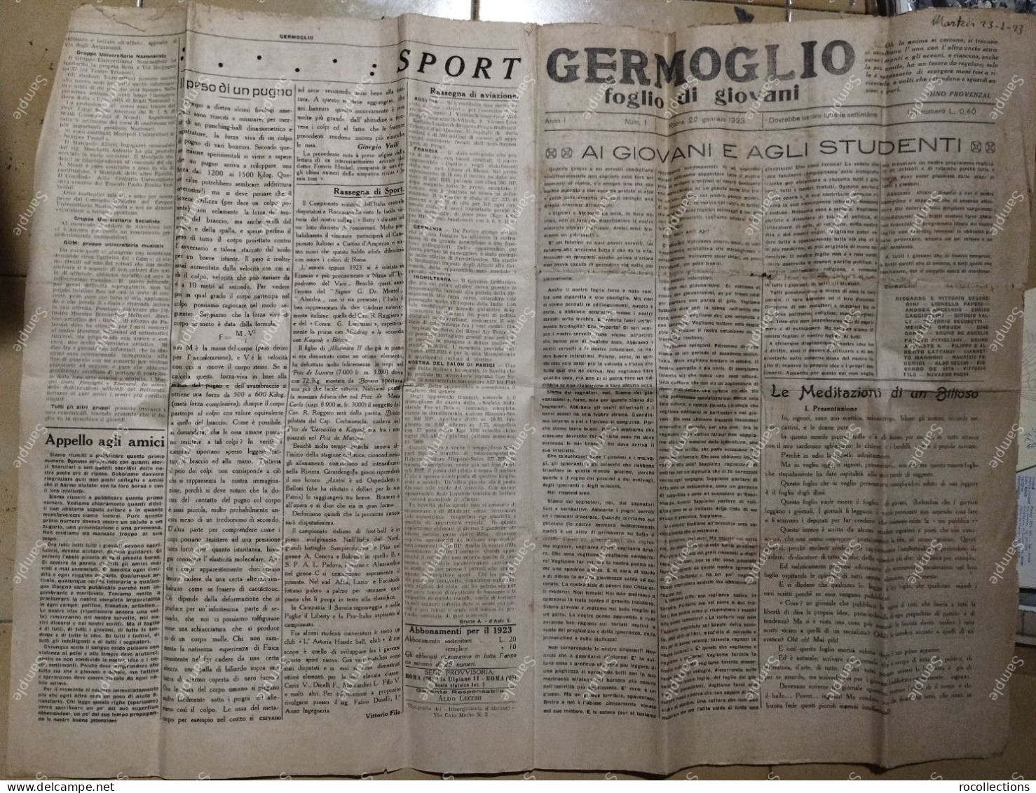 Rare Newspaper Giornale GERMOGLIO Foglio Di Giovani. Anno I, N.1, Roma 22 Gennaio 1923. Avanguardia Futurismo - Andere & Zonder Classificatie