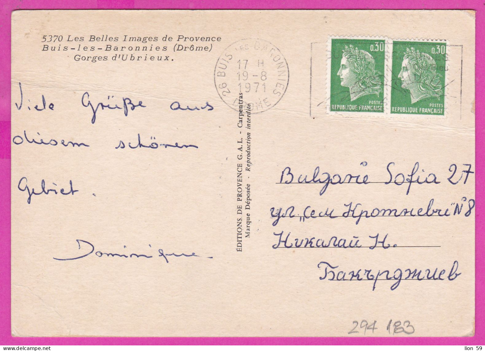 294183 / France - Buis-Les-Baronnies (Drome) Gorges D'Ubrieux PC 1971 USED 0.30+0.30 Fr. Marianne De Cheffer Flamme - 1967-1970 Marianne Van Cheffer