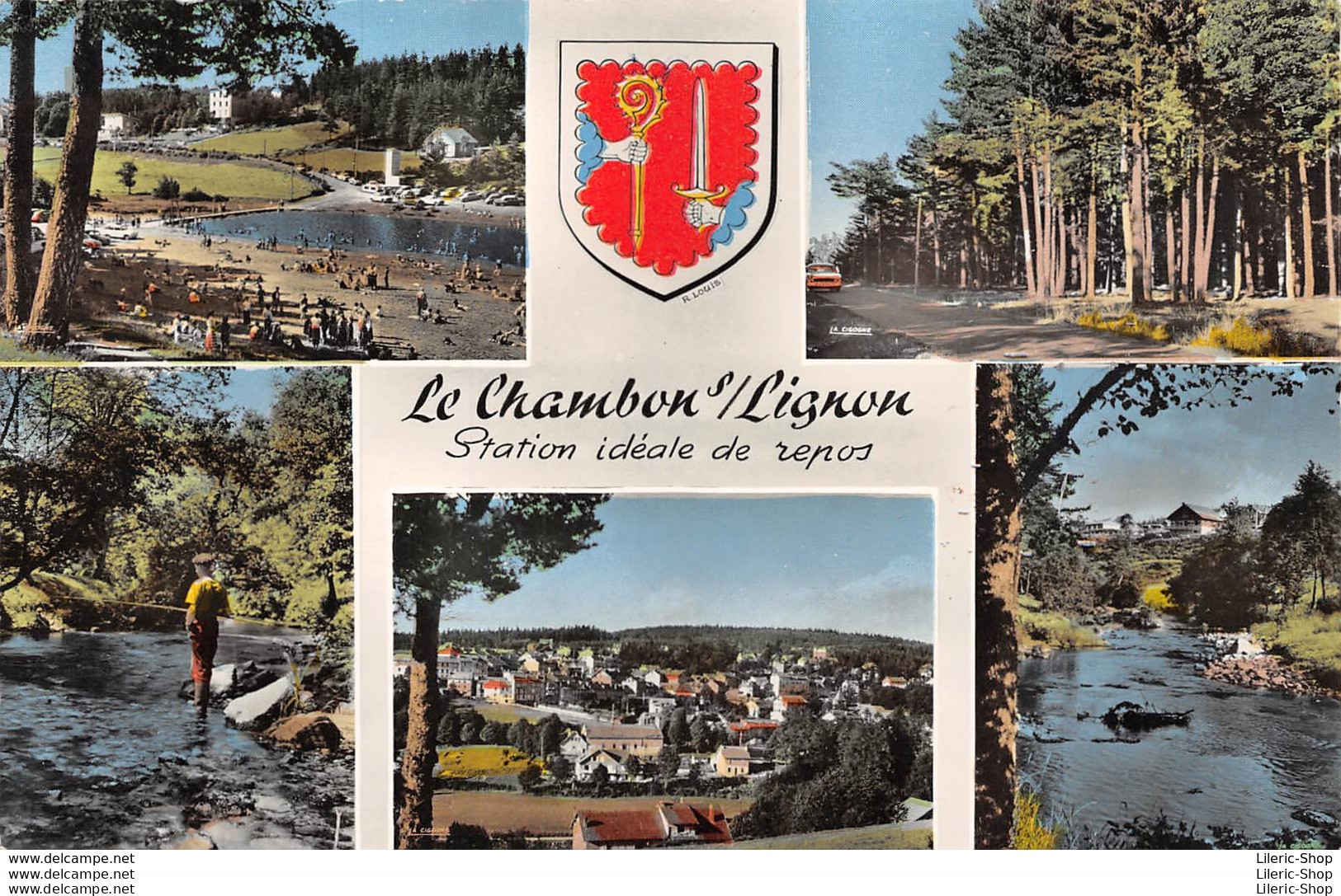 ►LE CHAMBON-SUR-LIGNON►43◄►CPSM◄1962►LA PLAGE-PÊCHEUR DE TRUITES-VUE GALE-UN COIN DU LIGNON►ÉDIT. LA CIGOGNE 43.051.07 - Le Chambon-sur-Lignon