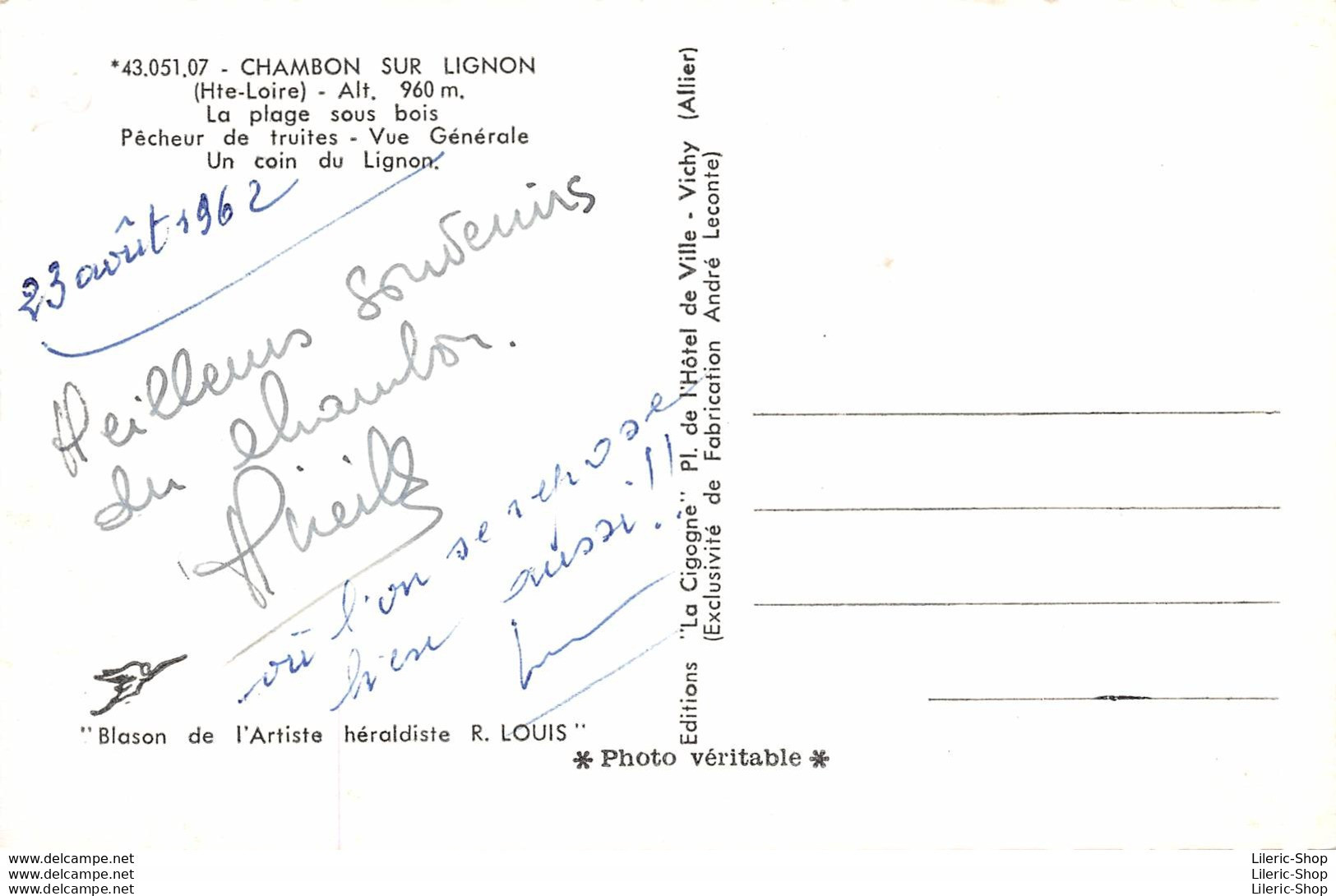 ►LE CHAMBON-SUR-LIGNON►43◄►CPSM◄1962►LA PLAGE-PÊCHEUR DE TRUITES-VUE GALE-UN COIN DU LIGNON►ÉDIT. LA CIGOGNE 43.051.07 - Le Chambon-sur-Lignon