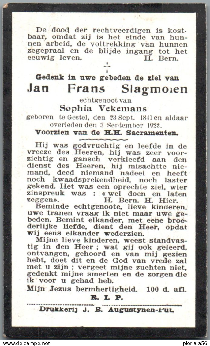 Bidprentje Gestel - Slagmolen Jan Frans (1841-1922) - Devotion Images