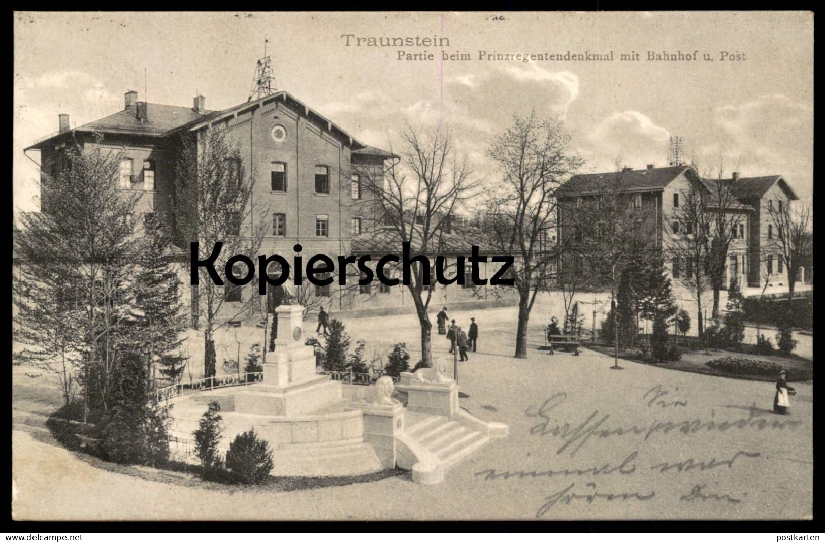 ALTE POSTKARTE TRAUNSTEIN PARTIE BEIM PRIINZREGENTENDENKMAL MIT BAHNHOF UND POST Station Gare Ansichtskarte Cpa Postcard - Traunstein