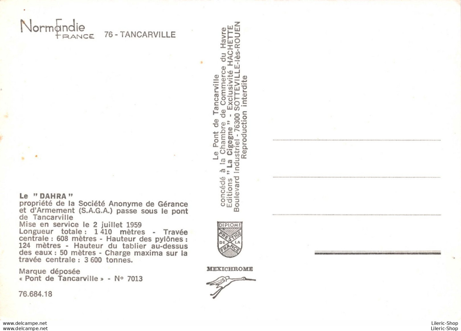 [76] TANCARVILLE - CARGO - TANKER à VIN "DAHRA" Sté D'ARMEMENT (S.A.G.A.) En 1959 ( ͡♥ ͜ʖ ͡♥) ♥ - Handel