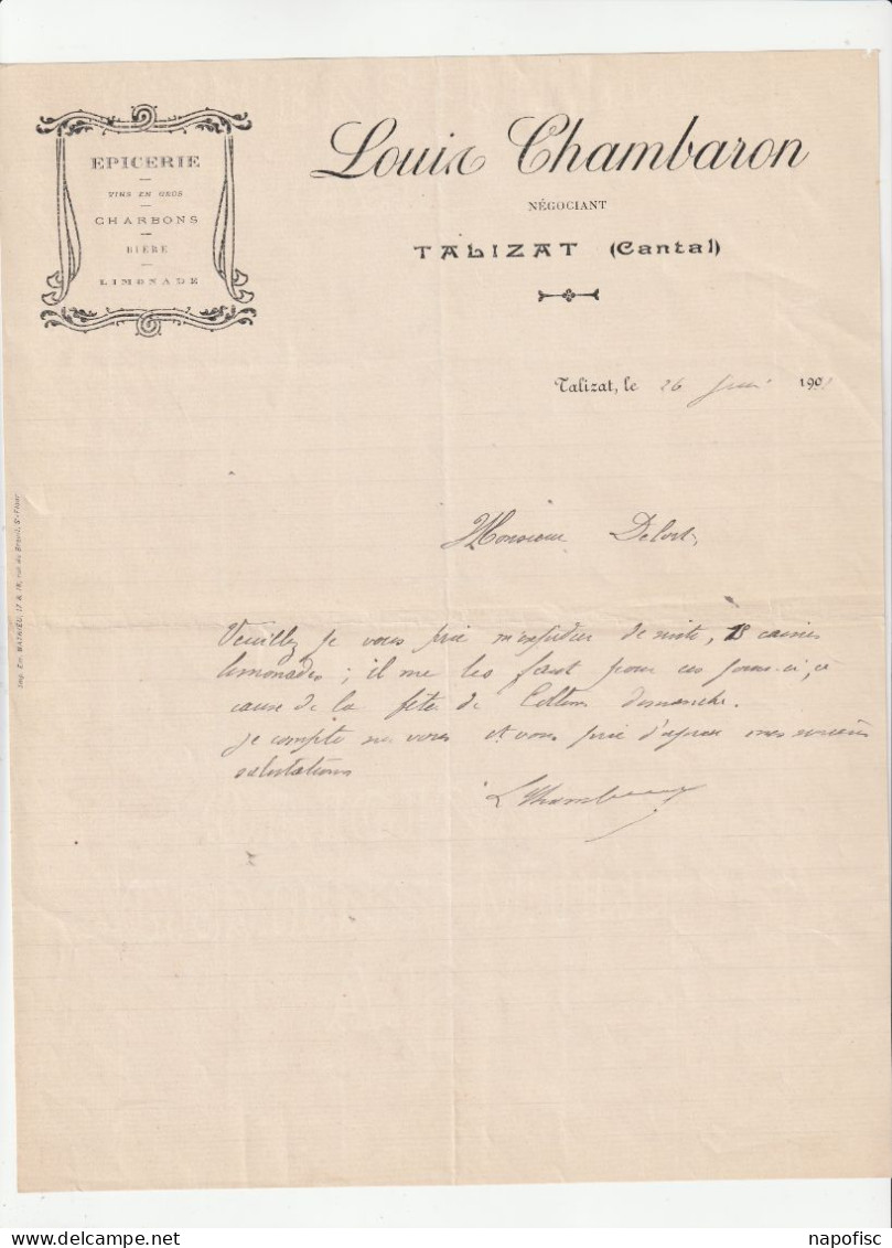 15-L.Chambaron......Epicerie, Vins En Gros, Charbons, Bière, Limonade.Talizat ...(Cantal)...1911 - Sonstige & Ohne Zuordnung