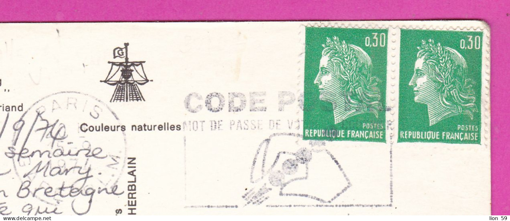 294184 / France - COMBOURG Le Chateau PC 1974 Paris USED 0.30+0.30 Fr. Marianne De Cheffer Flamme Code Postal Mot De Pas - 1967-1970 Marianne Of Cheffer