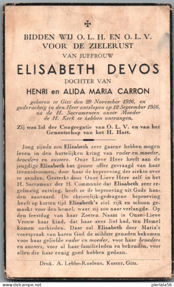Bidprentje Gits - Devos Elisabeth (1916-1936) - Images Religieuses