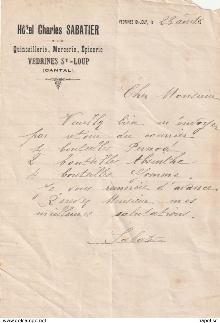 15-C.Sabatier..Hôtel, Quincaillerie, Mercerie, Epicerie... Vedrines St-Loup ...(Cantal)...19.. - Otros & Sin Clasificación