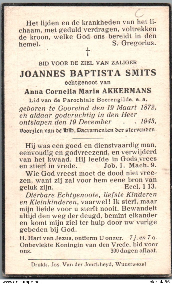 Bidprentje Gooreind - Smits Joannes Baptista (1872-1943) - Images Religieuses