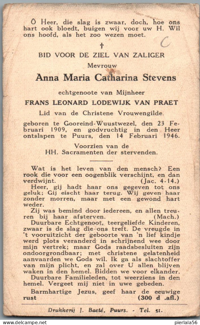 Bidprentje Gooreind - Stevens Anna Maria Catharina (1909-1946) - Images Religieuses