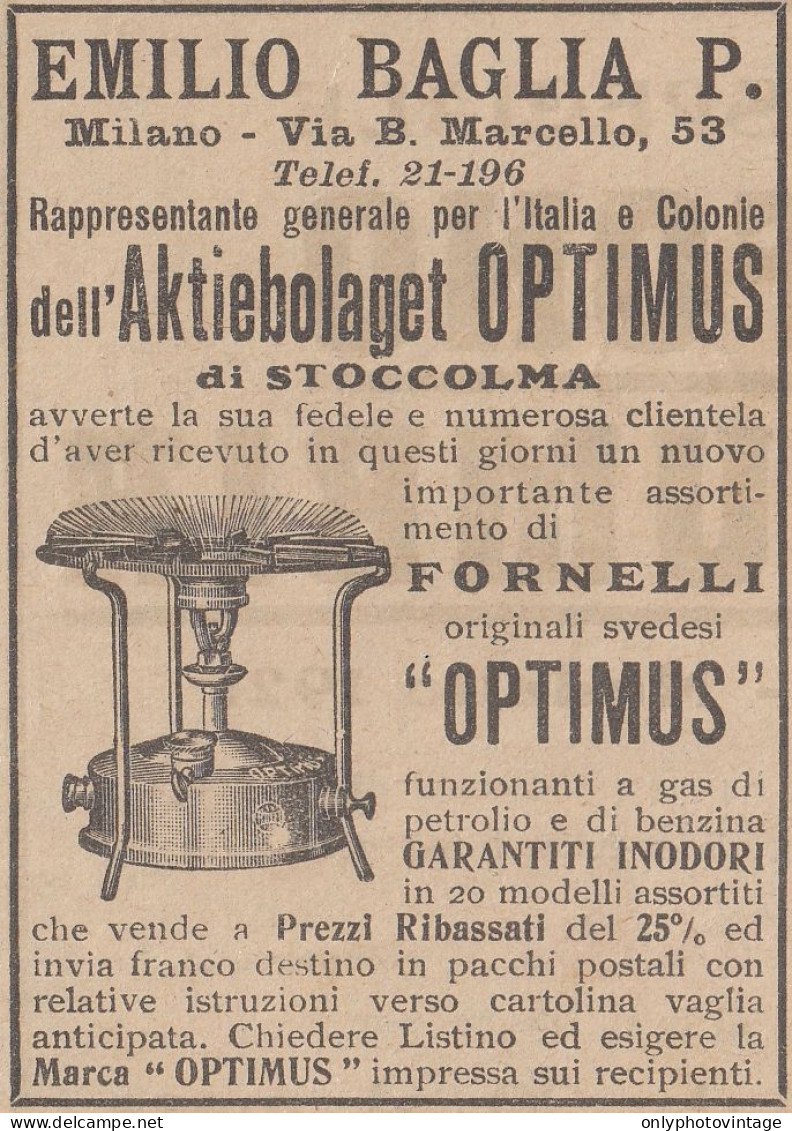 Fornelli Optimus - Emiglio Baglia P. - Milano - 1922 Pubblicità Epoca - Publicités