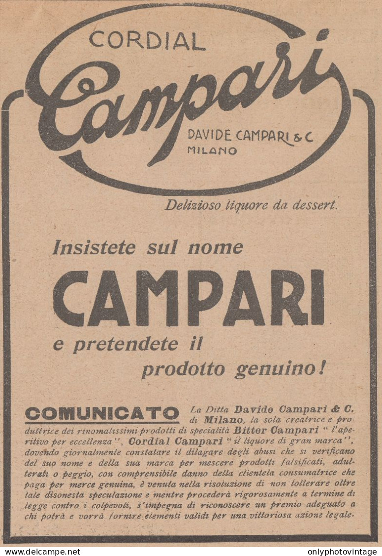 Cordial Campari Delizioso Liquore Da Dessert - 1922 Pubblicità Epoca - Publicités