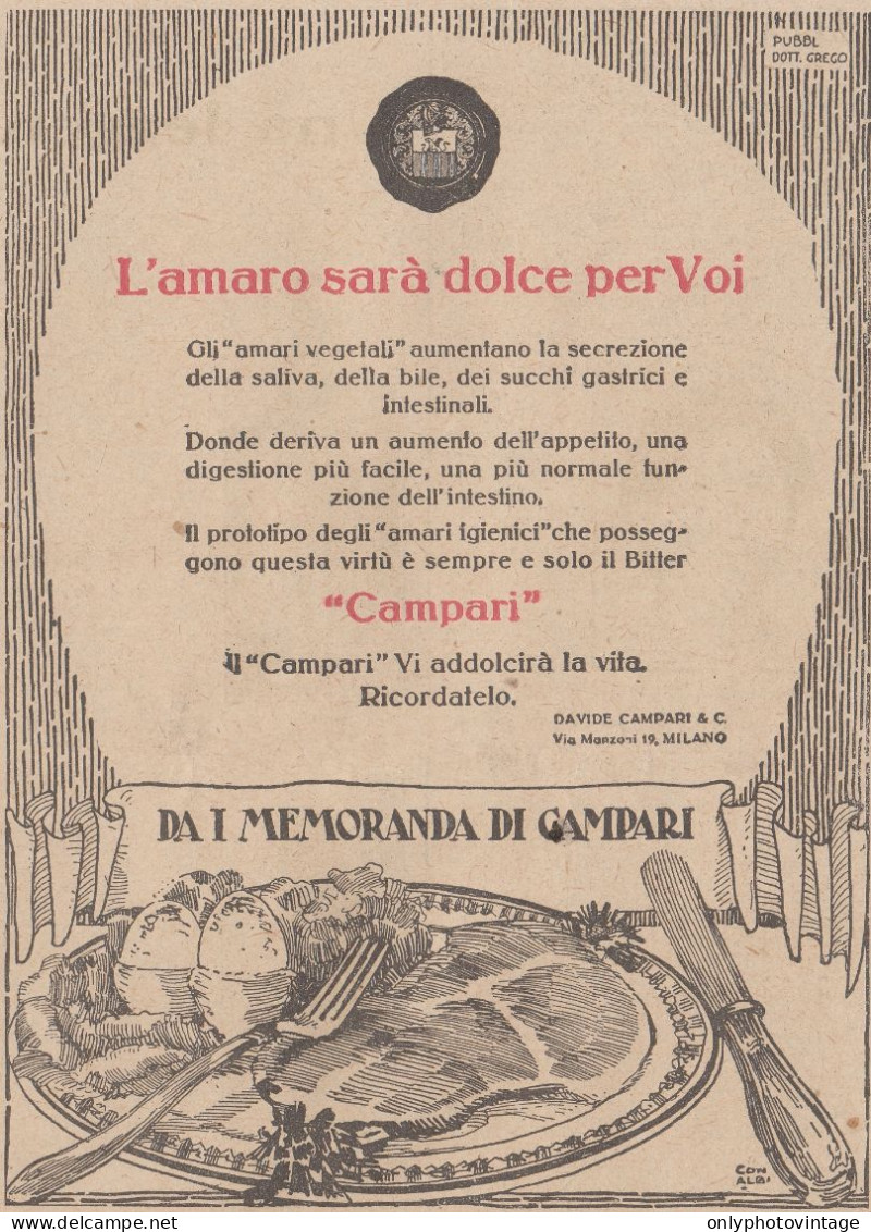 I Memorandum Di Campari - L'amaro Sarà Dolce Per Voi - 1922 Pubblicità - Publicités