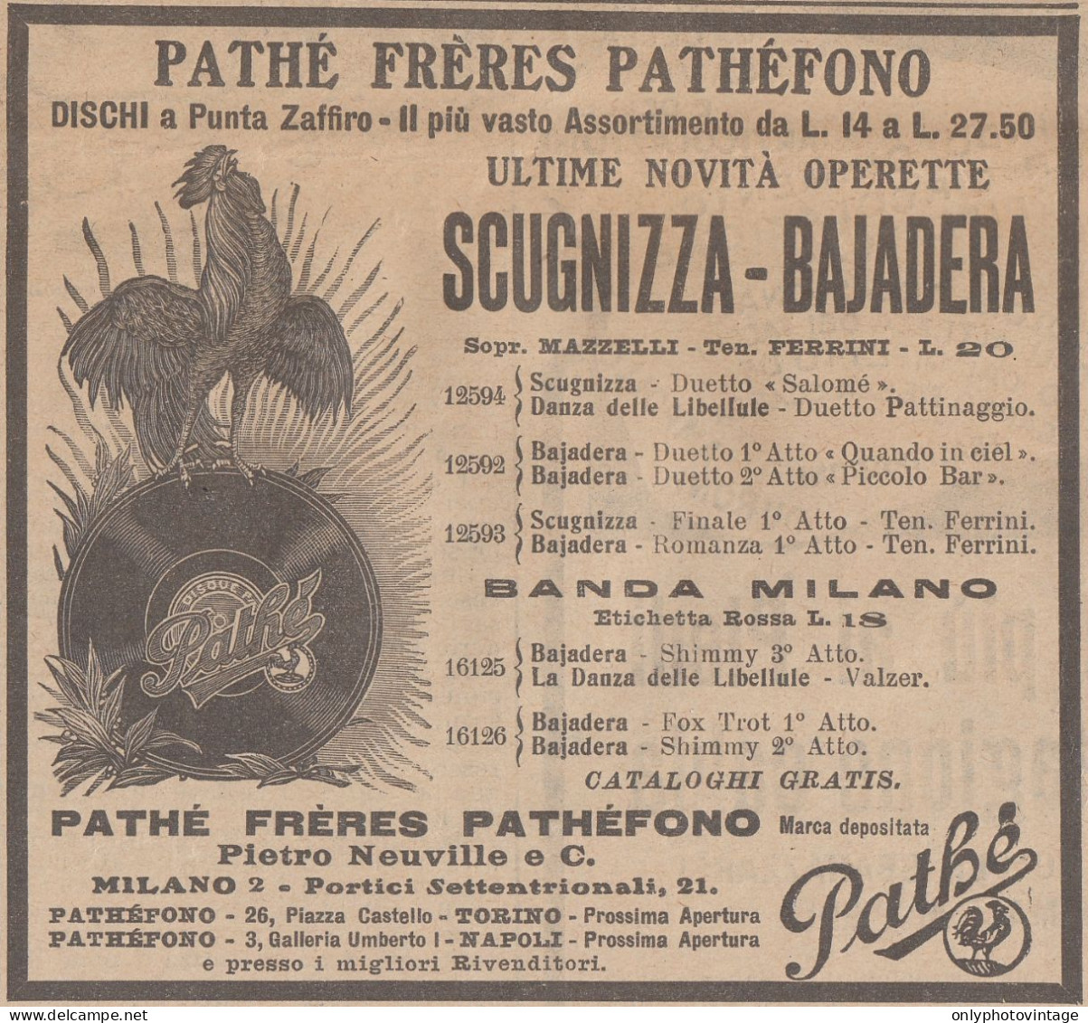 Pathé Frères Pathéfono - Scugnizza-Bajadera - 1923 Pubblicità - Vintage Ad - Pubblicitari