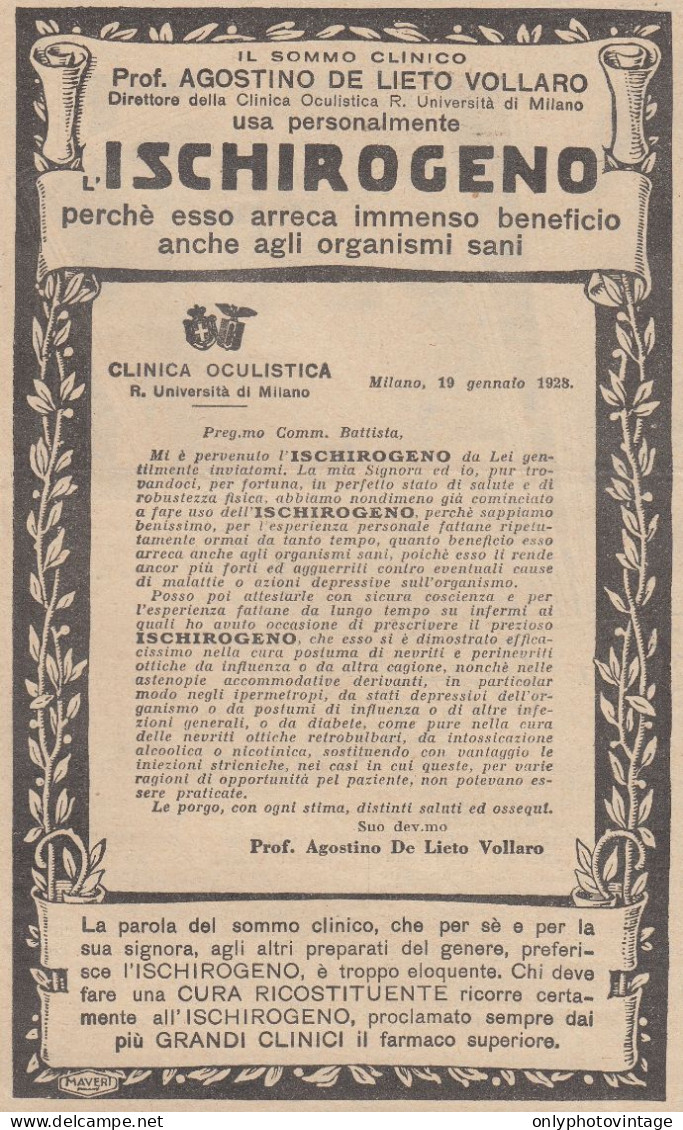 ISCHIROGENO - Prof. Agostino De Lieto Vollaro - 1931 Pubblicità Epoca - Publicidad