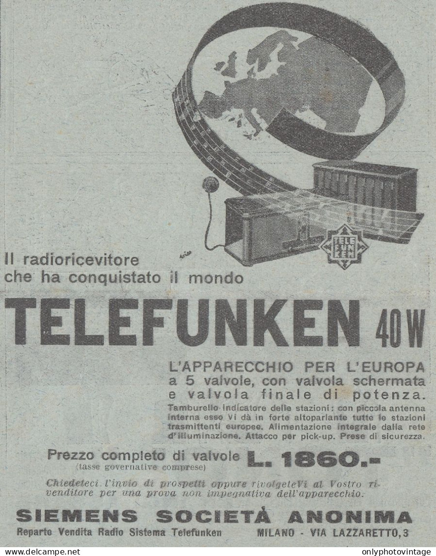 Radioricevitore TELEFUNKEN 40 W - 1930 Pubblicità - Vintage Advertising - Publicidad