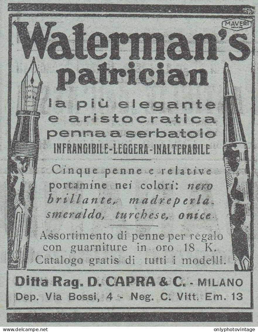 Penna A Serbatoio Waterman's Patrician - 1930 Pubblicità - Vintage Ad - Advertising
