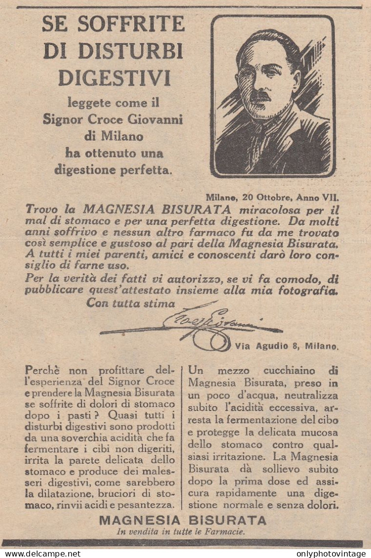 Magnesia Bisurata - Sig. Croce Giovanni Di Milano - 1930 Pubblicità Epoca - Werbung