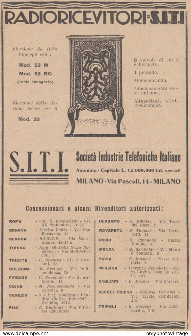 Radioricevitori S.I.T.I. - 1932 Pubblicità Epoca - Vintage Advertising - Publicités