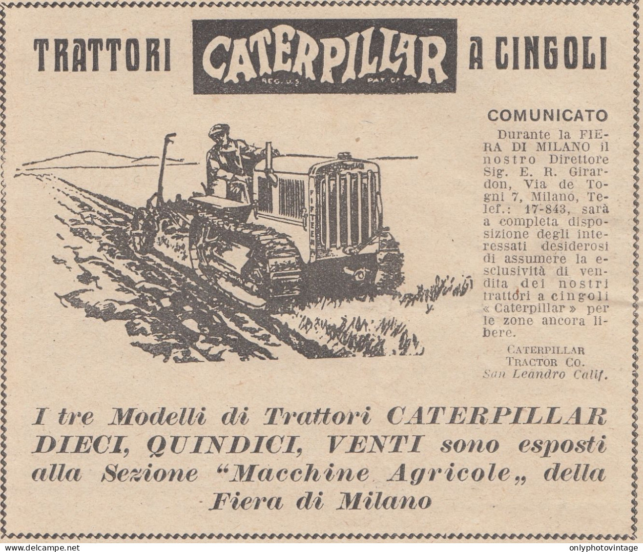 Trattrici A Cingoli CATERPILLAR - 1930 Pubblicità - Vintage Advertising - Publicités