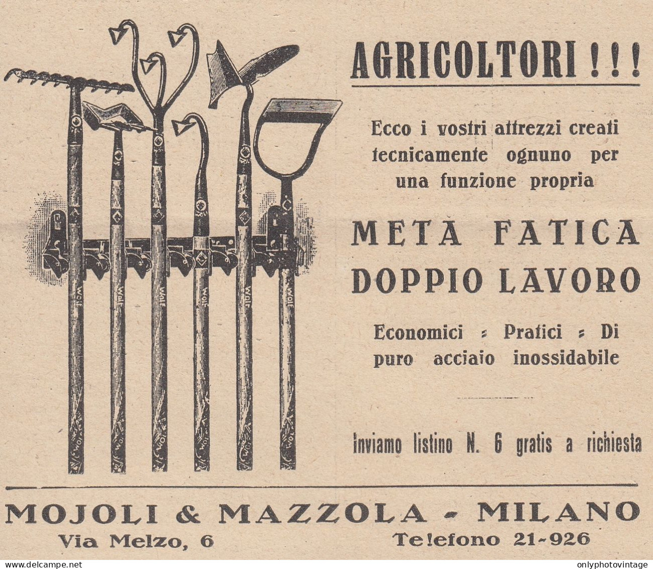 Attrezzi Agricoli Mojoli & Mazzola - Milano - 1931 Pubblicità - Vintage Ad - Werbung