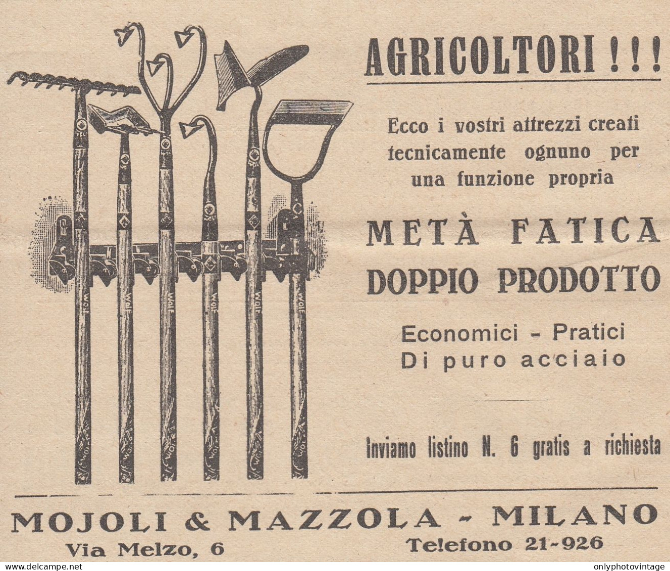 Attrezzi Agricoli Mojoli & Mazzola - Milano - 1931 Pubblicità - Vintage Ad - Advertising
