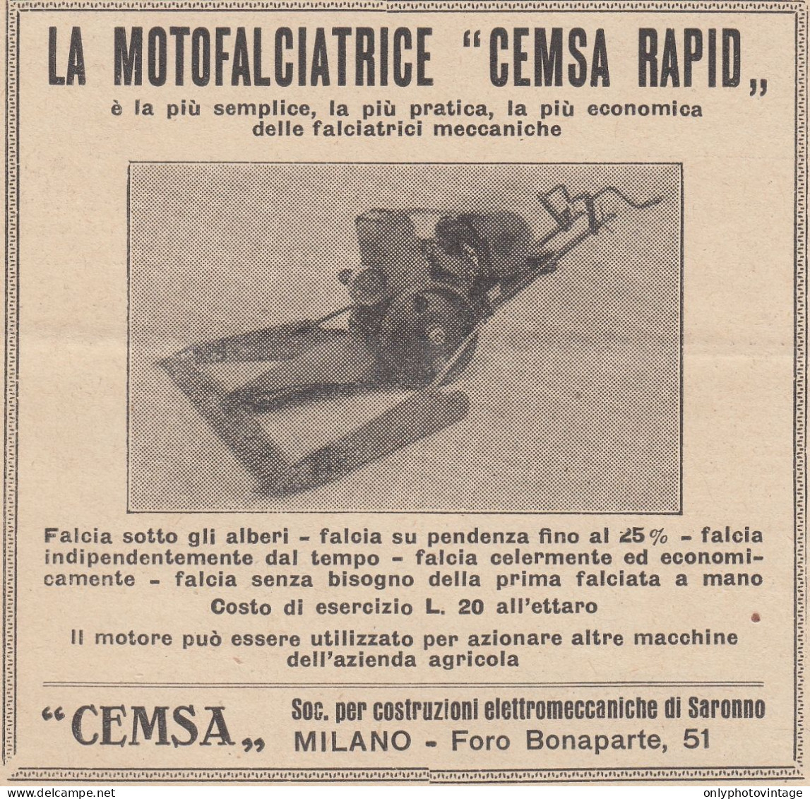 Motofalciatrice CEMSA Rapid - 1931 Pubblicità Epoca - Vintage Advertising - Publicités