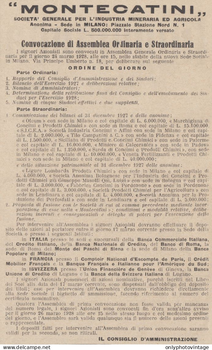 Convocazione Assemblea MONTECATINI - 1928 Pubblicità - Vintage Advertising - Publicités