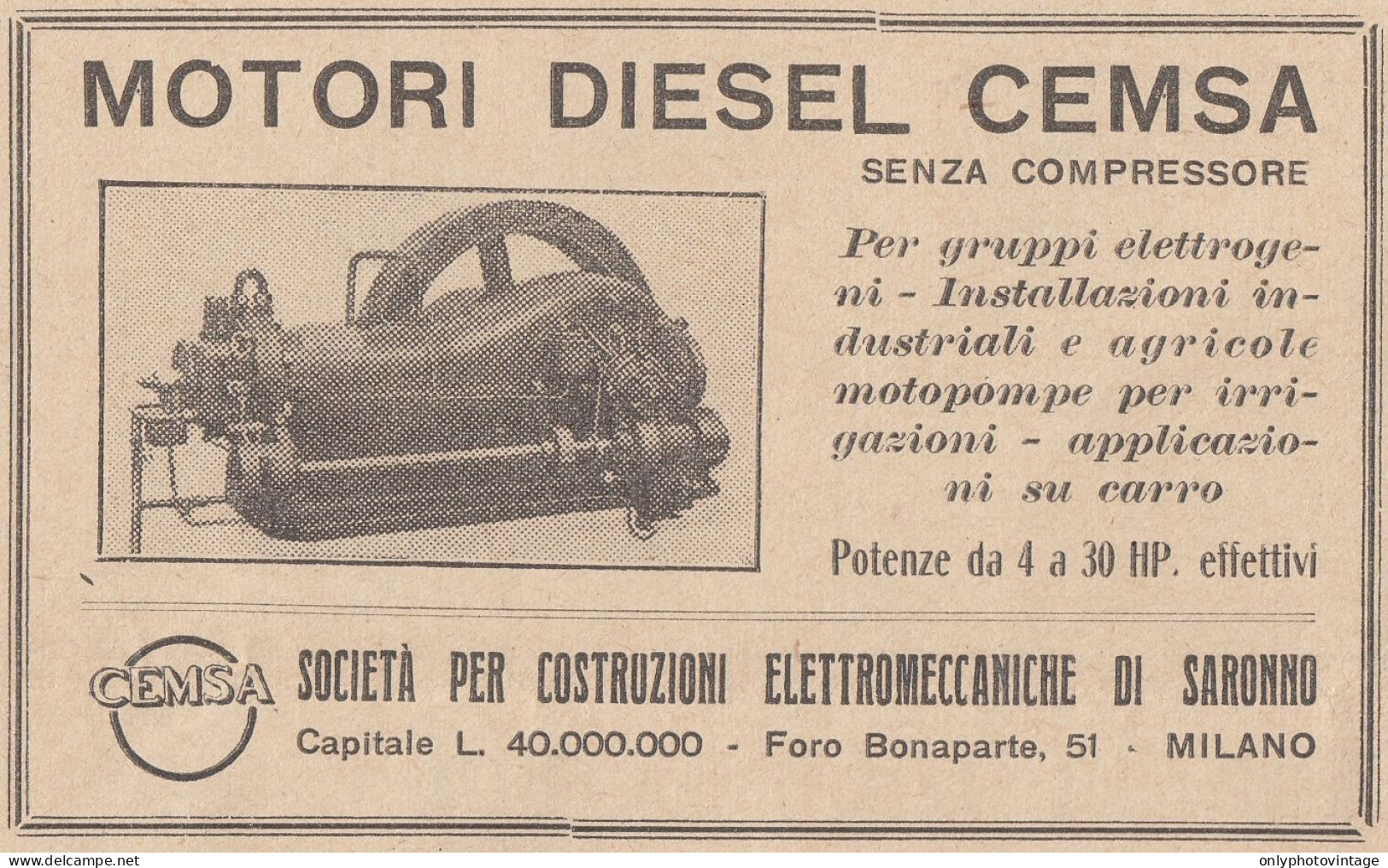 Motori Diesel CEMSA Saronno - 1931 Pubblicità Epoca - Vintage Advertising - Advertising