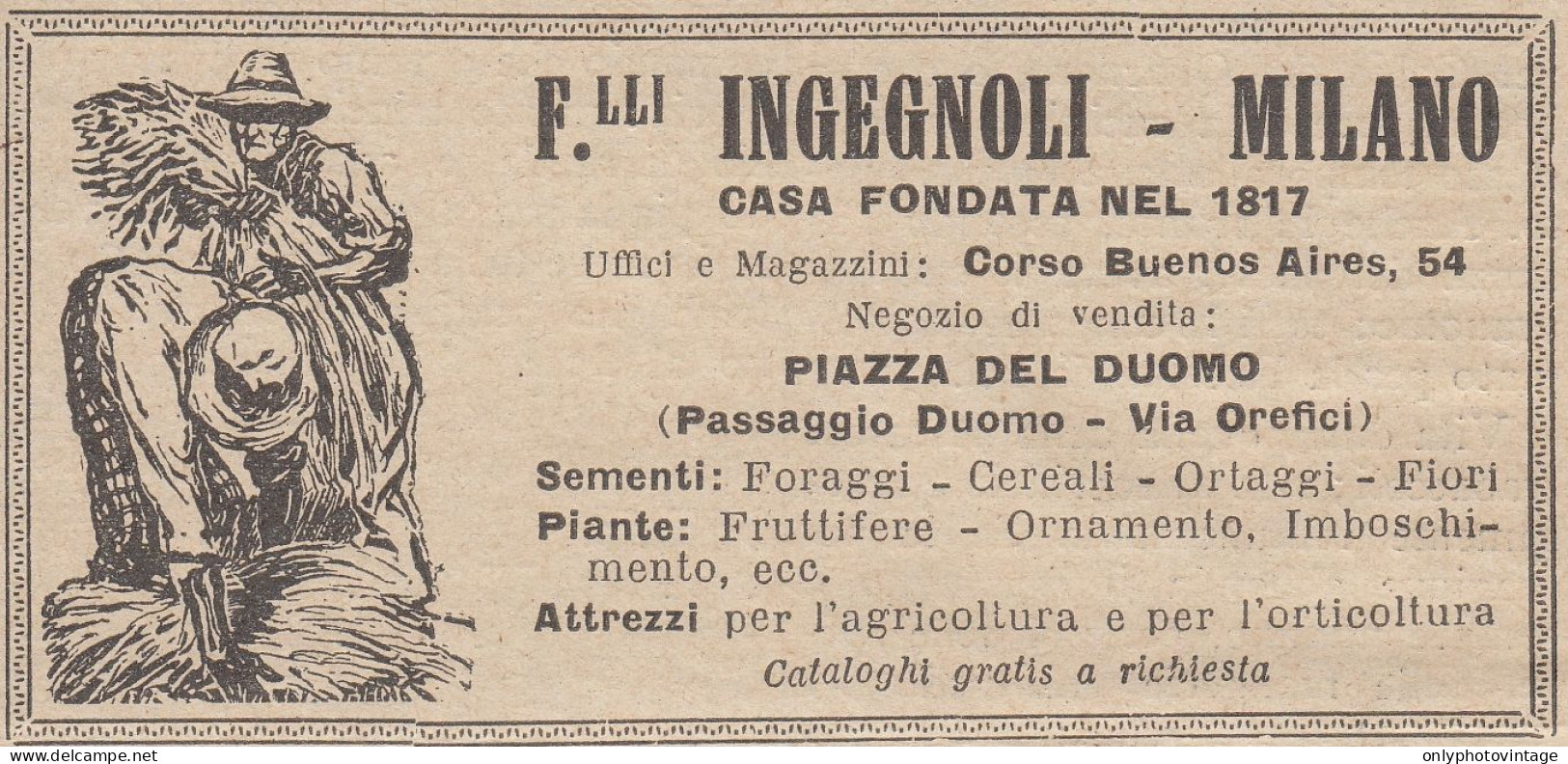 F.lli Ingegnoli - Milano - Attrezzi Per L'agricoltura - 1928 Pubblicità - Publicités