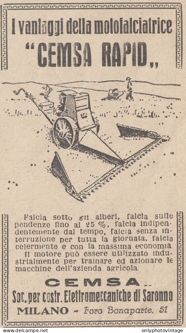 Motofalciatrice CEMSA RAPID - 1928 Pubblicità Epoca - Vintage Advertising - Publicités