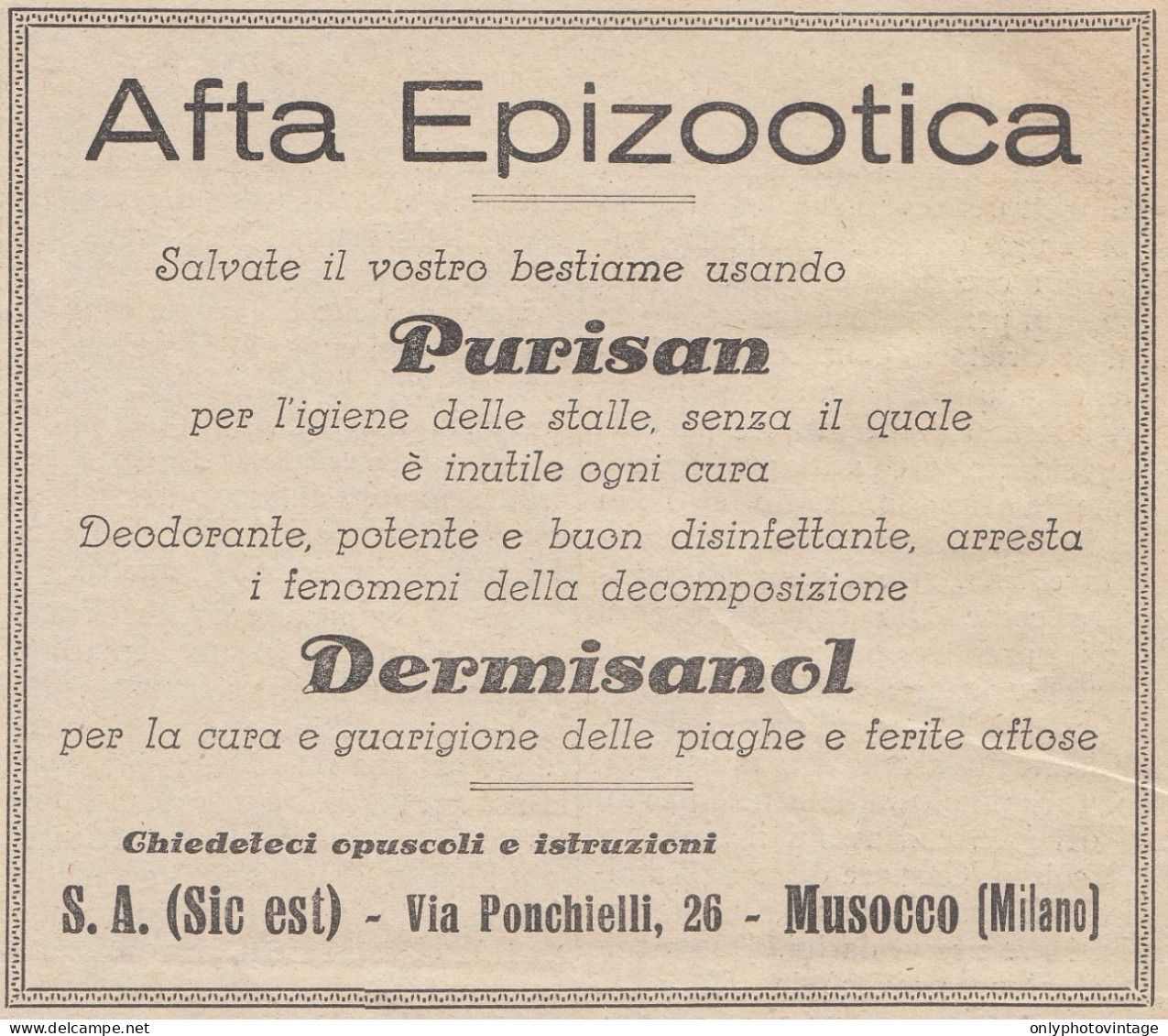 Afta Epizootica - Purisan - Dermisanol - 1928 Pubblicità - Vintage Ad - Werbung