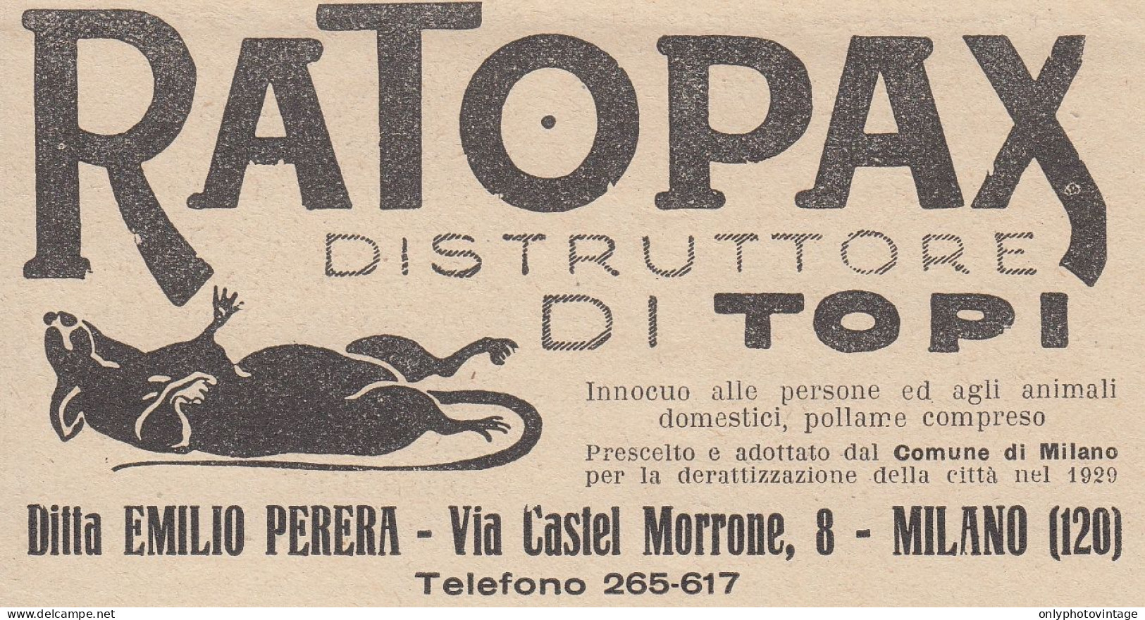 RATOPAX Distruttore Di Topi - 1931 Pubblicità Epoca - Vintage Advertising - Reclame