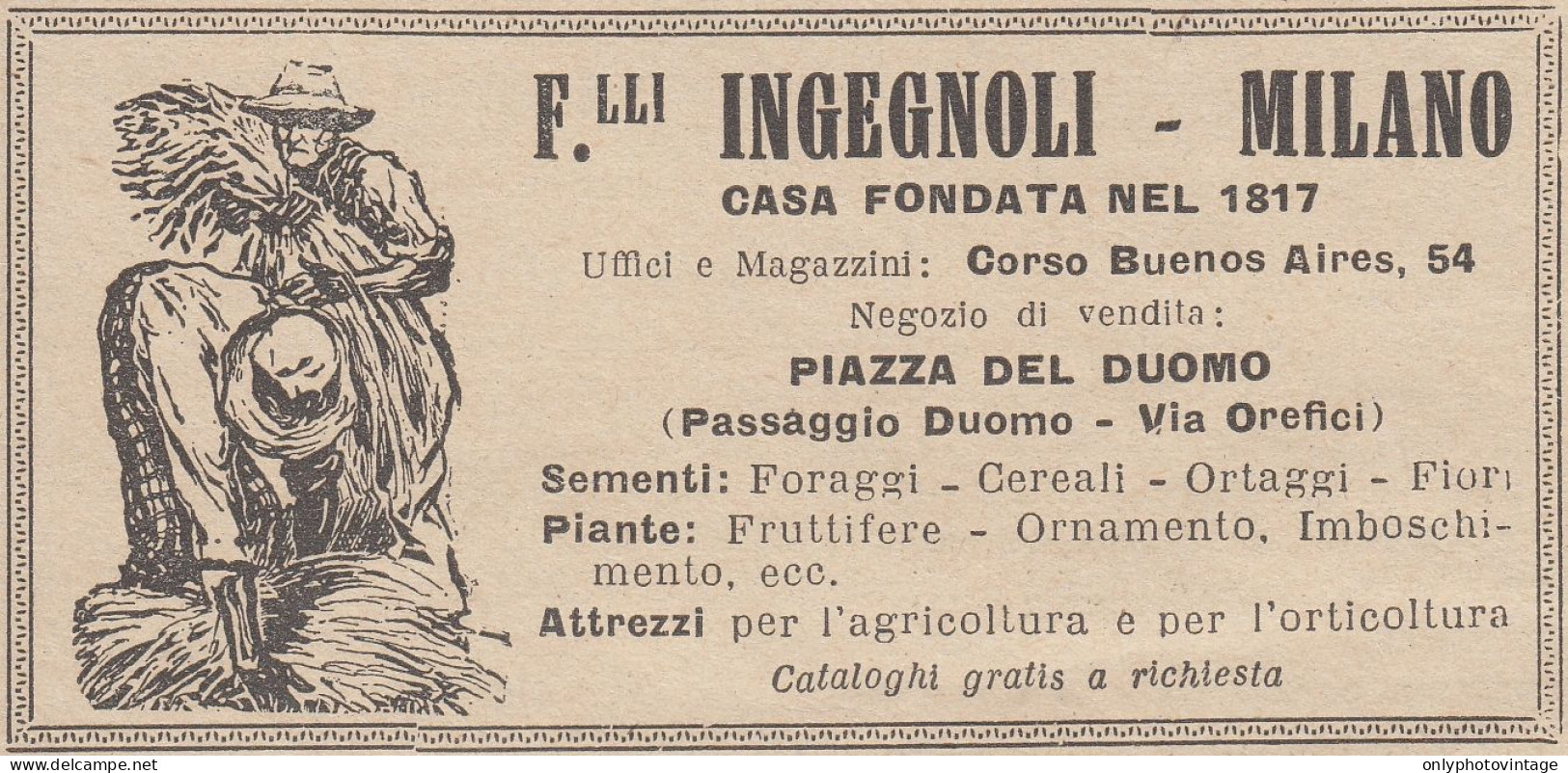 F.lli Ingegnoli - Milano - Attrezzi Per L'agricoltura - 1928 Pubblicità - Advertising