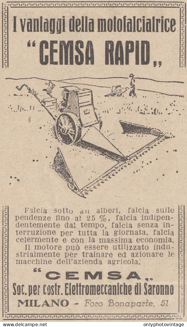 Motofalciatrice CEMSA RAPID - 1928 Pubblicità Epoca - Vintage Advertising - Publicités
