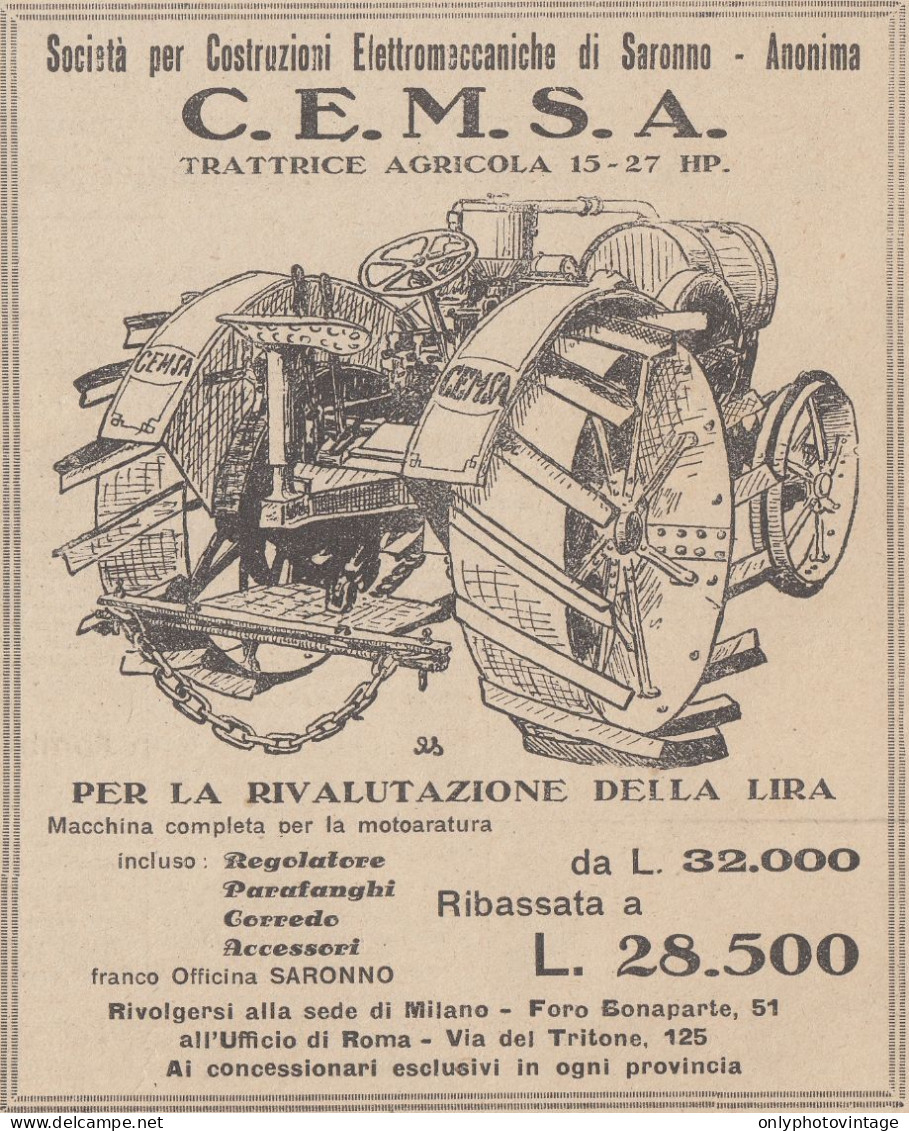 C.E.M.S.A. Trattrice Agricola 15-27 HP - 1927 Pubblicità - Vintage Ad - Publicités