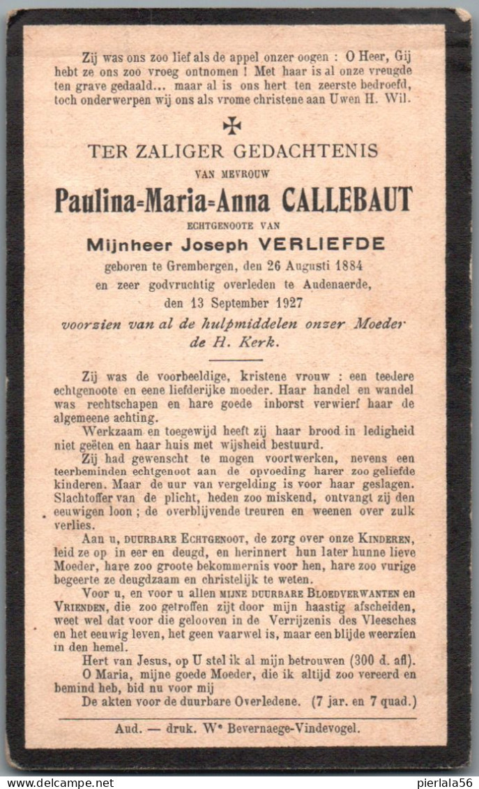 Bidprentje Grembergen - Callebaut Paulina Maria Anna (1884-1927) - Images Religieuses