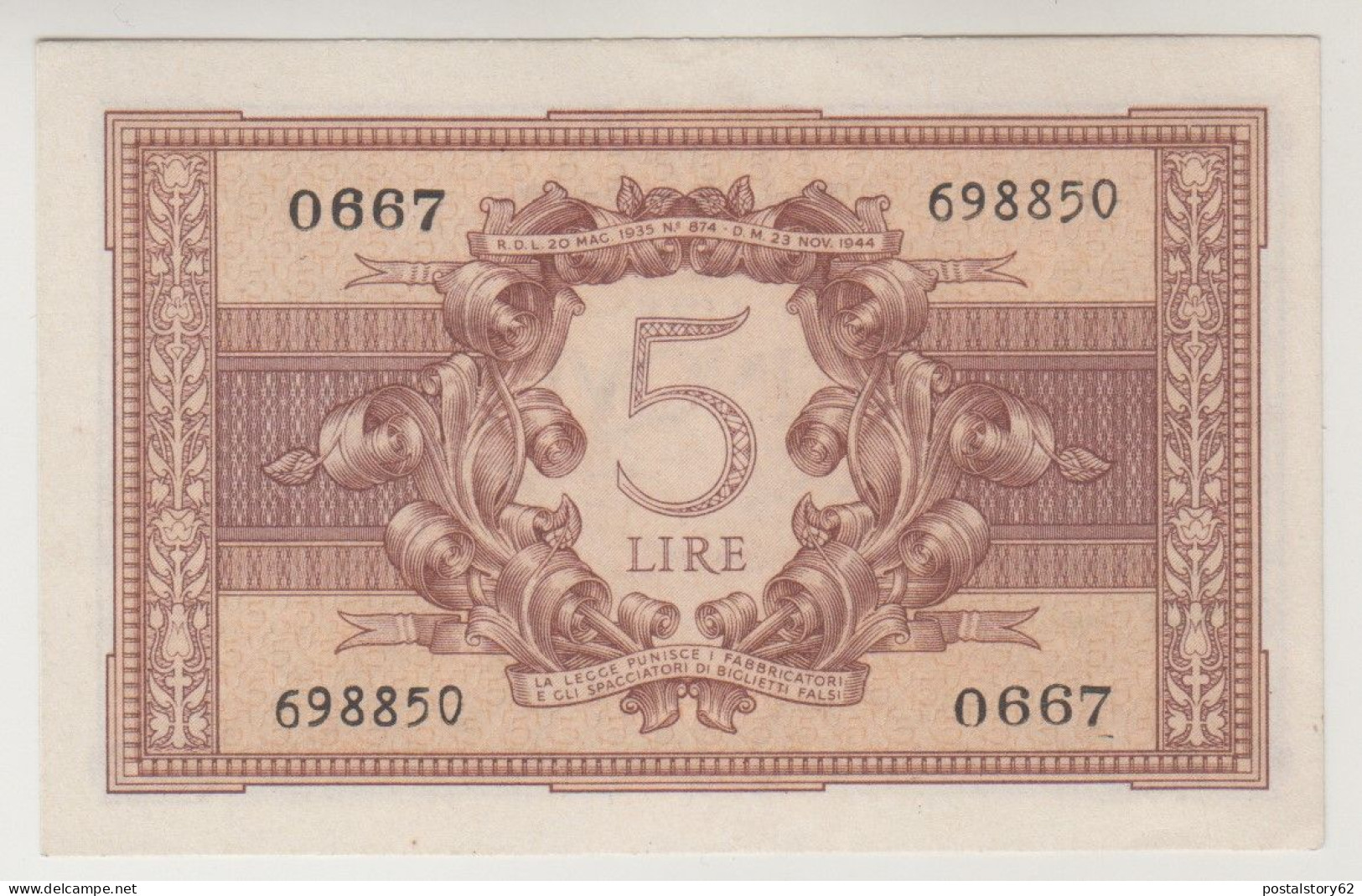 Biglietto Di Stato, Banconota Da Lire 5 - Luogotenenza Di Umberto - 23/11/1944 - Italië– 5 Lire