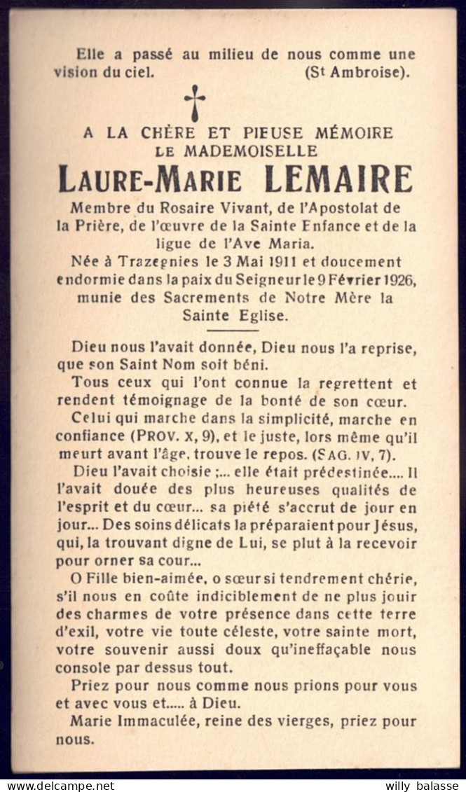 ++ Image Religieuse - Image Pieuse - Faire Part Décès - L-M LEMAIRE - Membre Du Rosaire Vivant- TRAZEGNIES 1911-1926  // - Devotion Images